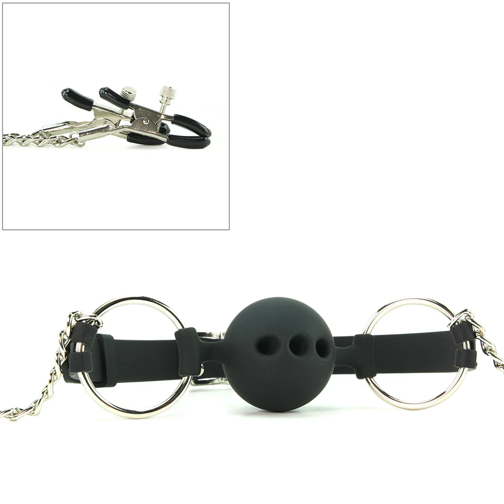 Hinder Breathable Ball Gag & Nipple Clamps